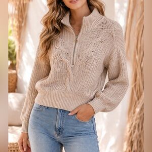 Kookai Cable Knit Half Zip Sweater Beige Chunky Knit Size 1 Boho Cozy